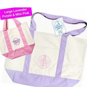 NWT Trader Joe's Large Canvas Lavender and Mini Canvas Pink Tote Bag Set